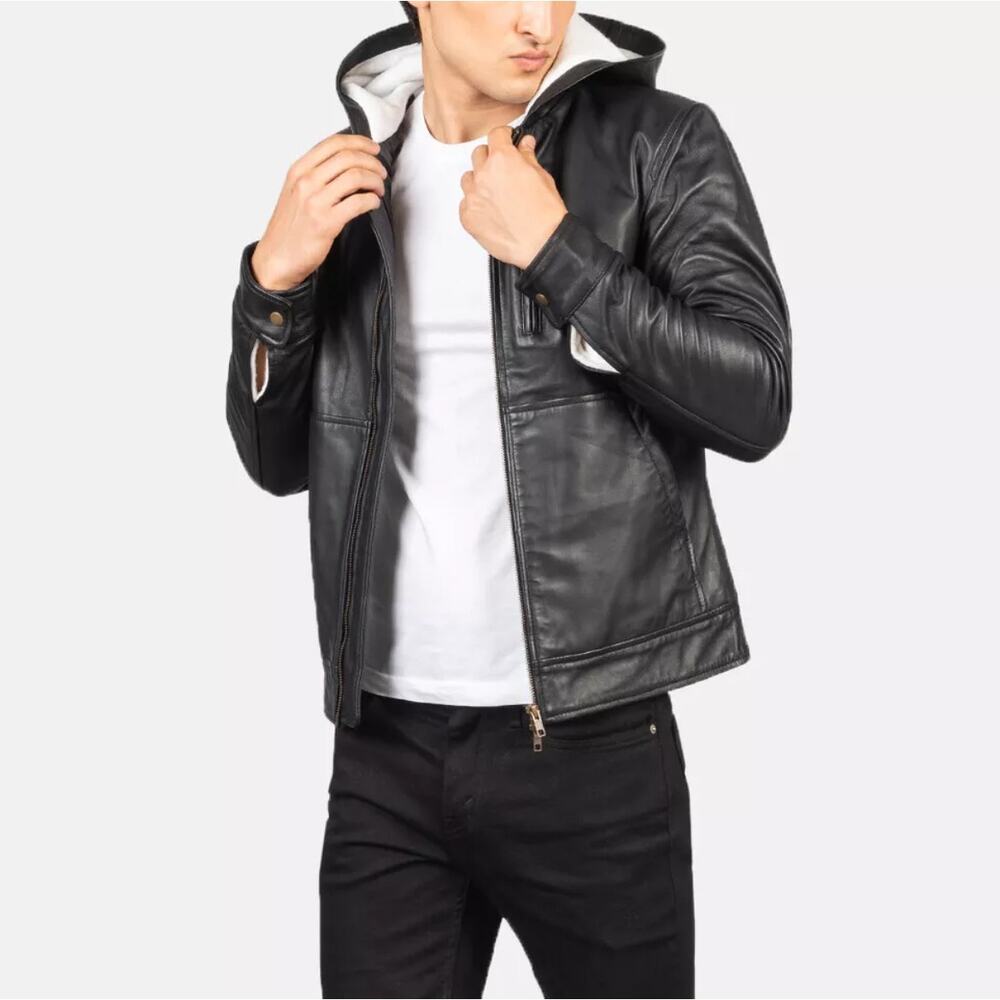 The Jacket Maker Men's Black Baston Genuine Leather Hooded Motto Jacket Size XL
